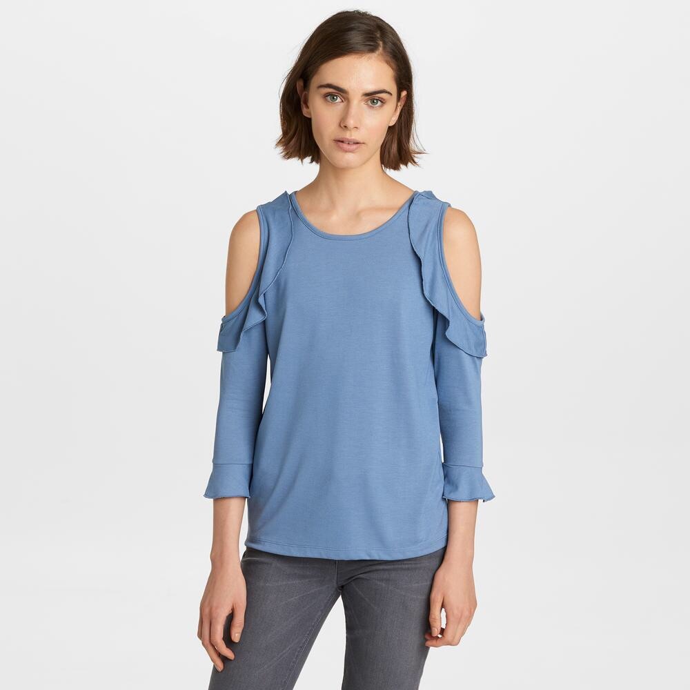 Karl Lagerfeld Blue Ruffle Cold Shoulder Top